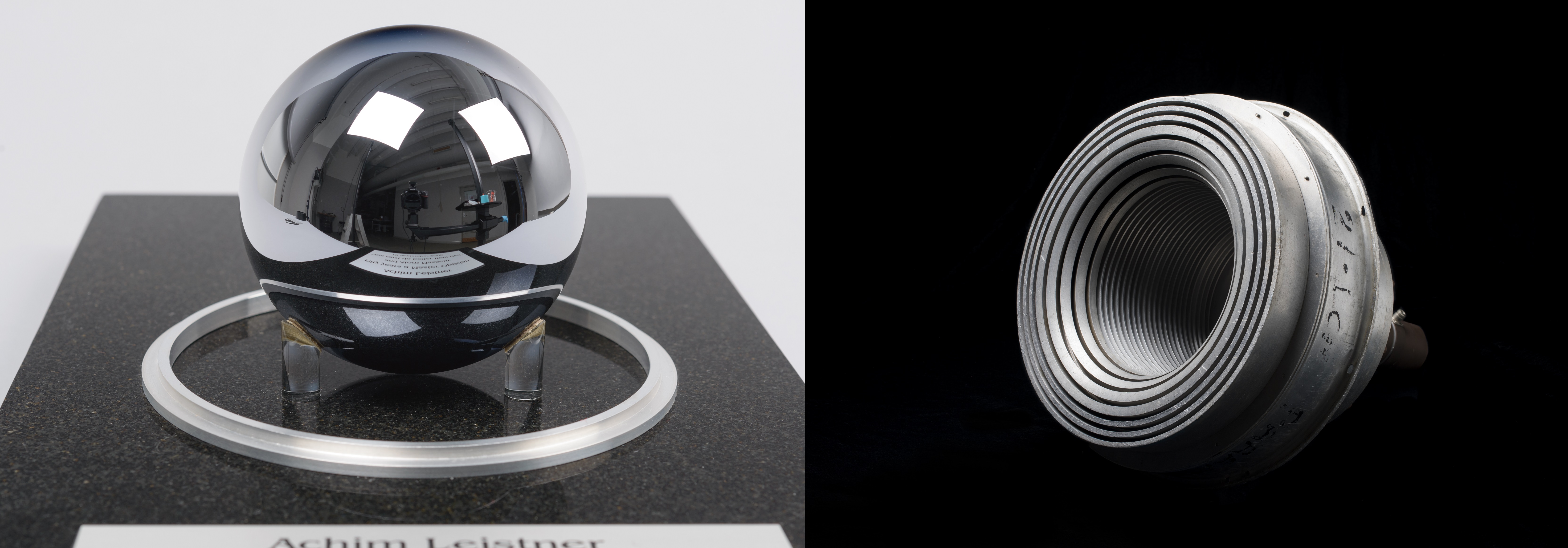 Two images side by side. Left: highly polished dark grey sphere on granite stand. Reflections of the lab in which the photograph was taken can be seen. Right: cylindrical metal device with several concentric rings of metal leading to a hollow interior.